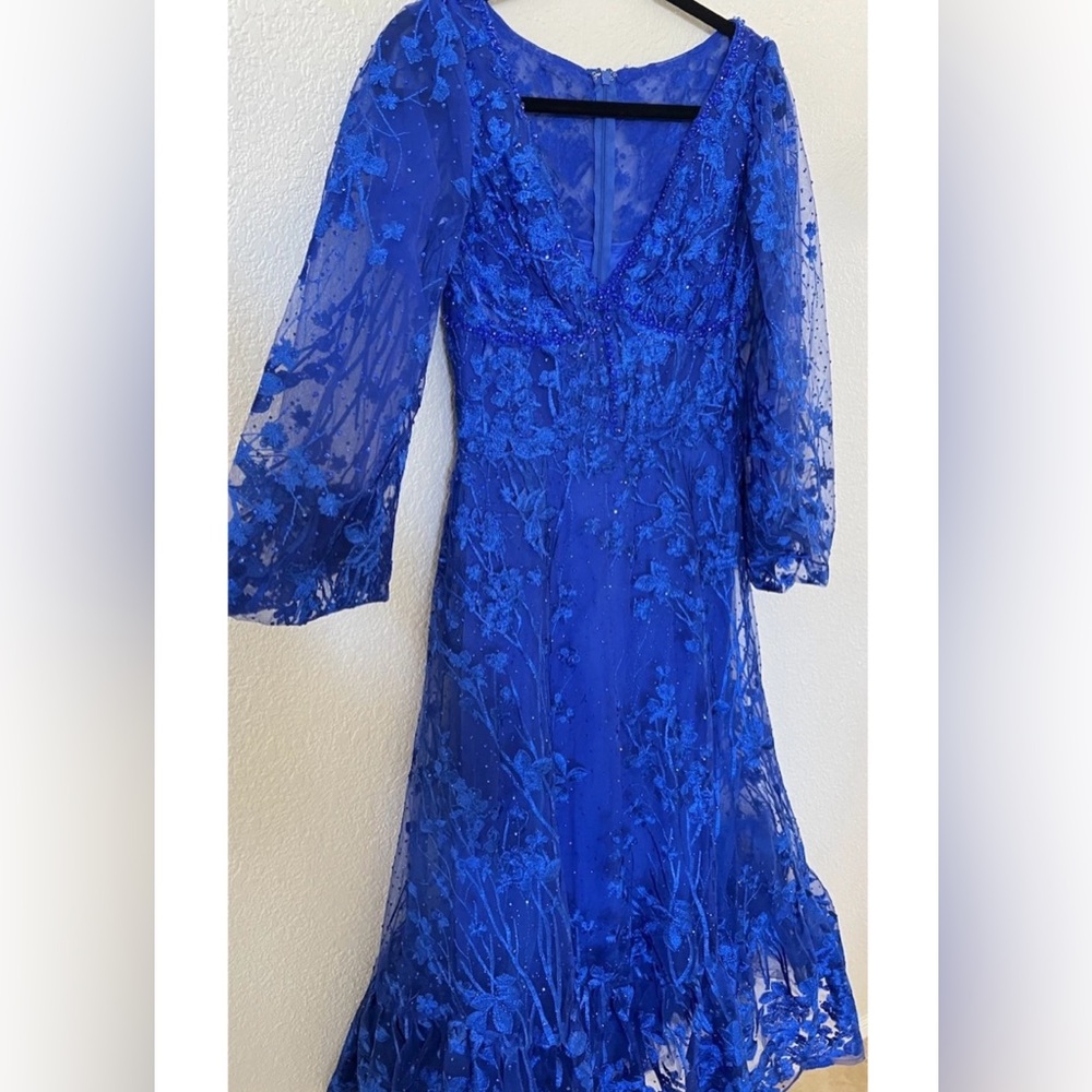 New Mac Duggal 20512 V Neck Mech Puff Sleeve A Line Embellished Dress Blue Sz 8 - Picture 5 of 9